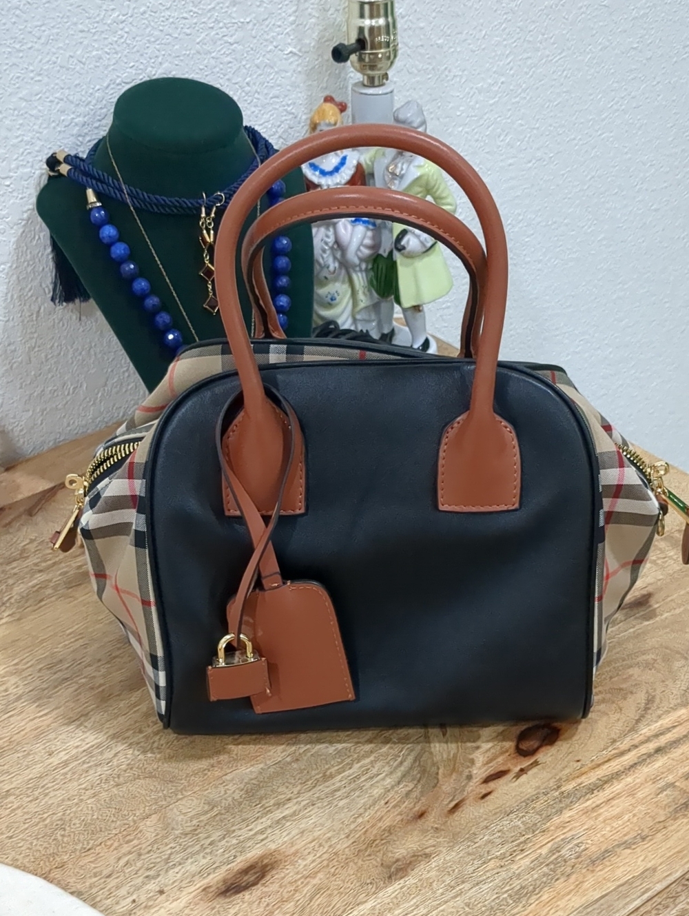 Genuine Leather Black and Tan Satchel Handbag
